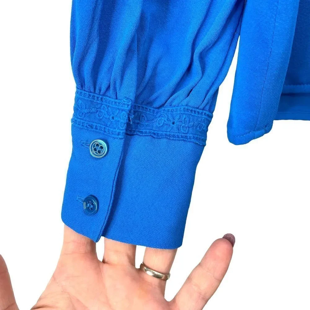 Reiss Bexley‎ Pleated Embroidered ruffle Crepe Blouse top Size 0 blue cerulian - Picture 9 of 12